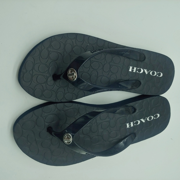 NEW ☆ Coach ☆ Navy Abbigail Jelly PVC Plastic Embossed Logo Thong Flip Flops 5-6 - Picture 2 of 9